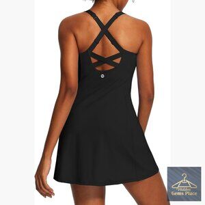 Tennis Dress with Built-in Shorts & Bra, Square Neck, Athletic Workout Golf